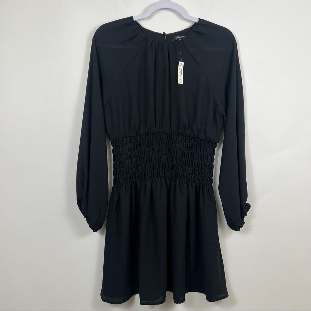 Madewell Bubble-Sleeve Smocked Mini Dress True Black Size Small Spring NWT